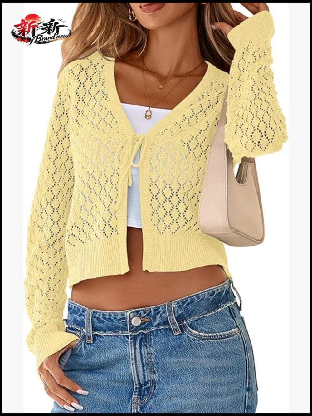 Crochet Tie Front Shrug Cardigan Long Sleeve Knit Cropped Sweater